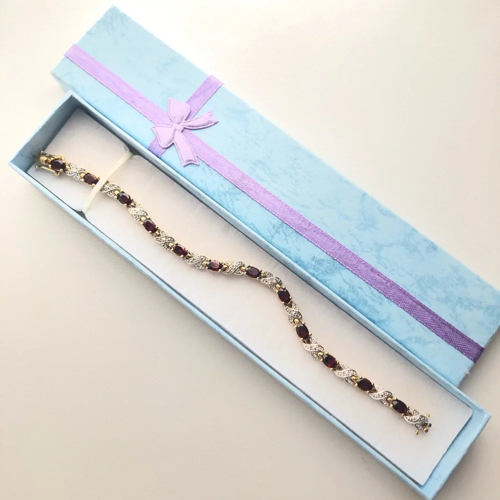 Sterling Natural Garnet Diamond Cut Crossover Vermeil Gold Tennis Bracelet - Picture 8 of 13